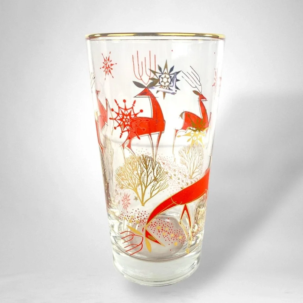 Libbey Mid Century Christmas Deer Highball Glasses SET of 6 with 22k Gold Rim